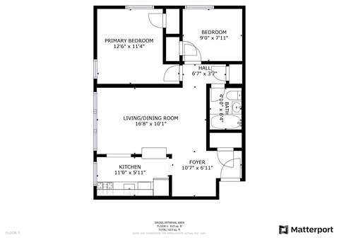Floor plan for 2 beds, 1 bath, 800 sqft